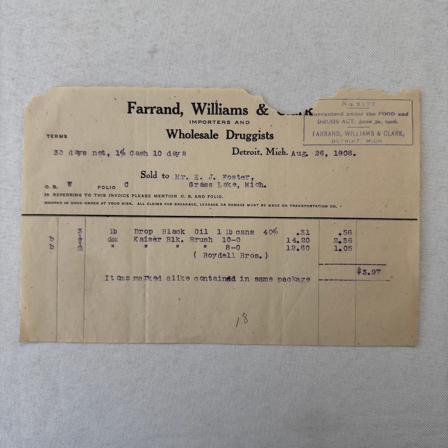Farrand Williams and Clark Wholesale Druggists Detroit 1908 Invoice Receipt Lot