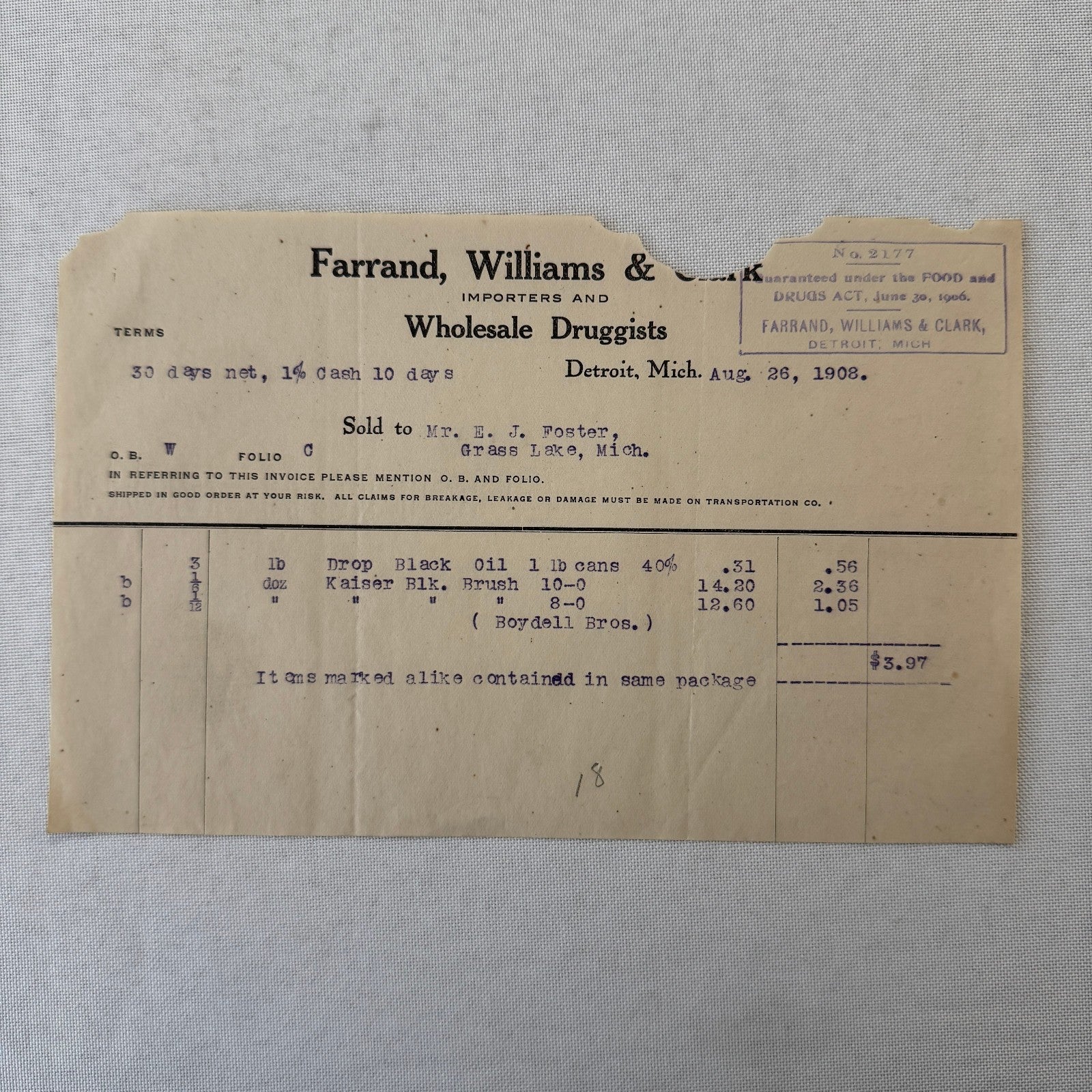 Farrand Williams and Clark Wholesale Druggists Detroit 1908 Invoice Receipt Lot