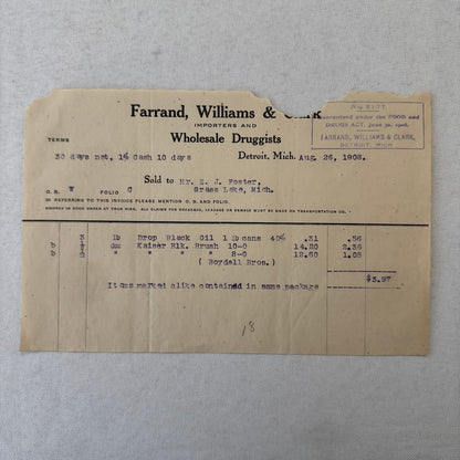 Farrand Williams and Clark Wholesale Druggists Detroit 1908 Invoice Receipt Lot