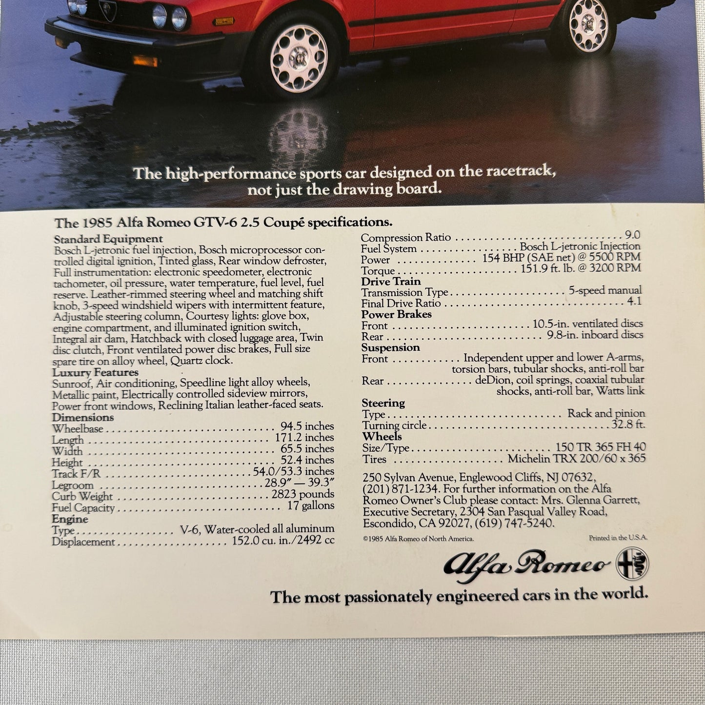 1985 Alfa Romeo Spider Veloce and GTV-6 2.5 Coupe Sales Sheet Brochure GTV 6
