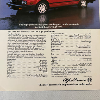 1985 Alfa Romeo Spider Veloce and GTV-6 2.5 Coupe Sales Sheet Brochure GTV 6
