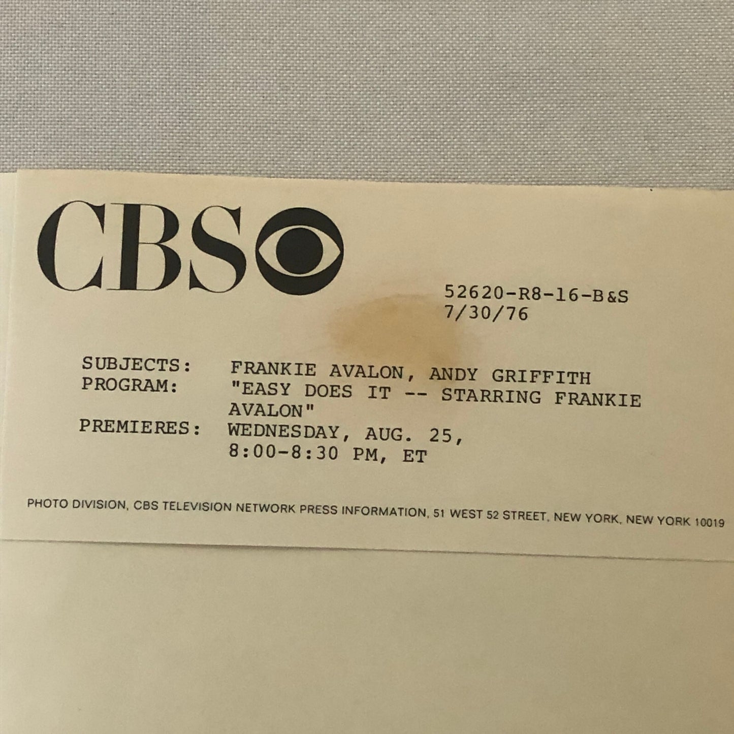 Andy Griffith Frankie Avalon CBS Television Press Photo Photograph Easy Does It
