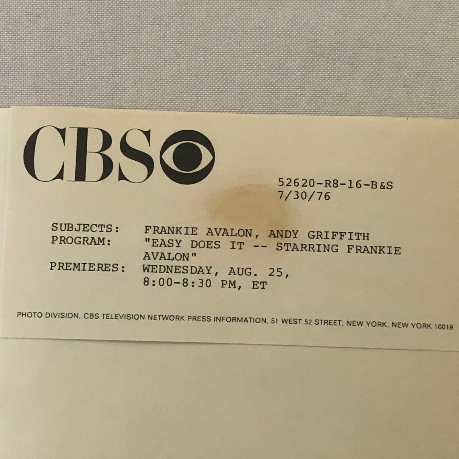 Andy Griffith Frankie Avalon CBS Television Press Photo Photograph Easy Does It