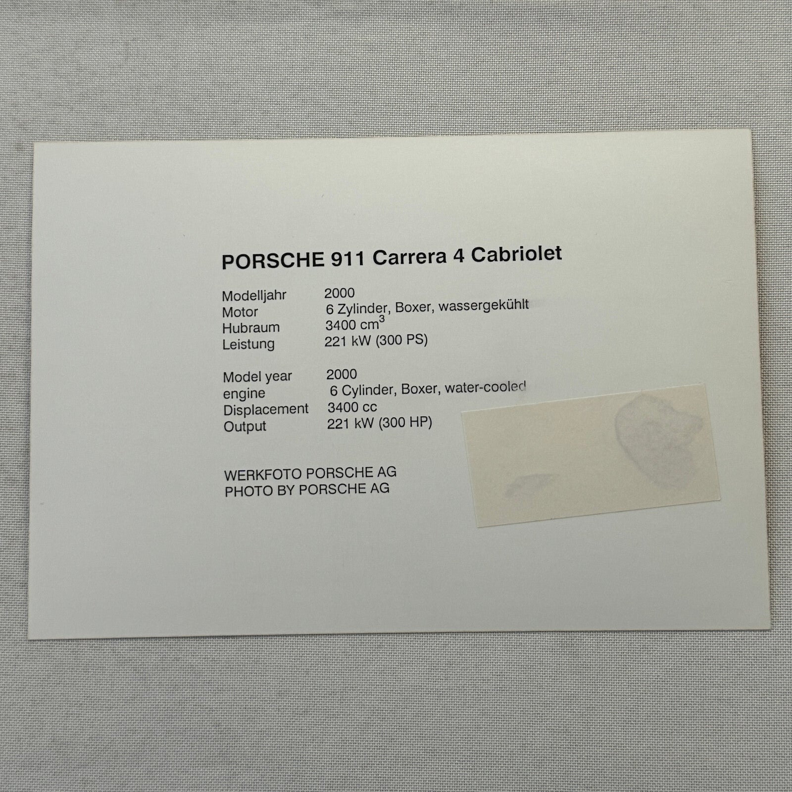 2000 Porsche 911 Carrera 4 Cabriolet Car Factory Press Photo Photograph