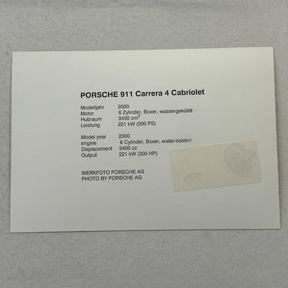 2000 Porsche 911 Carrera 4 Cabriolet Car Factory Press Photo Photograph