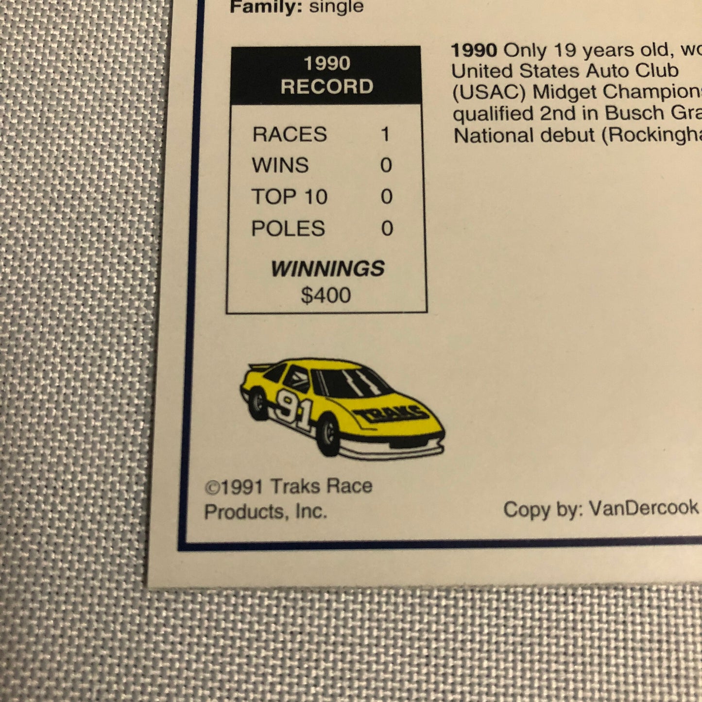 1991 Traks Jeff Gordon Rookie Card RC #1