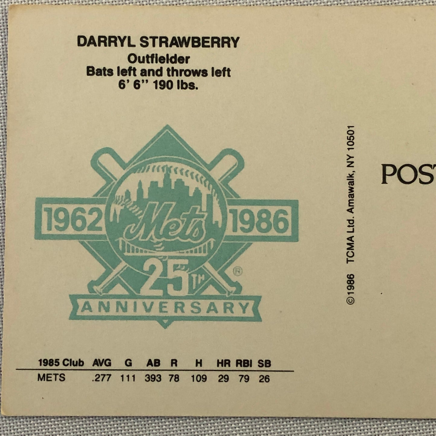 1986 Darryl Strawberry NY Mets New York Mets TCMA Postcard Post Card 
