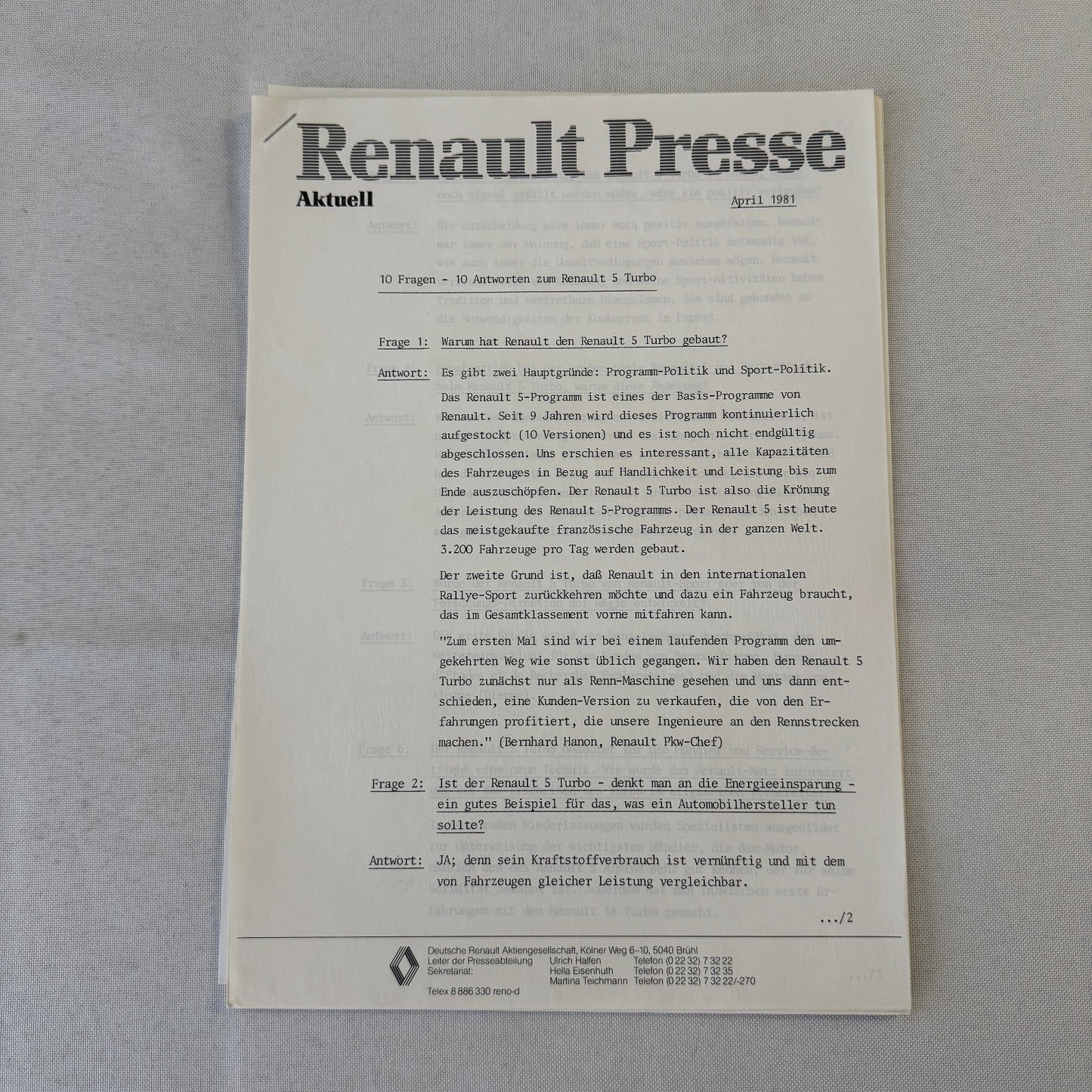 Renault 5 Turbo Car Factory Press Kit Photos Folder Hot Hatch GERMAN