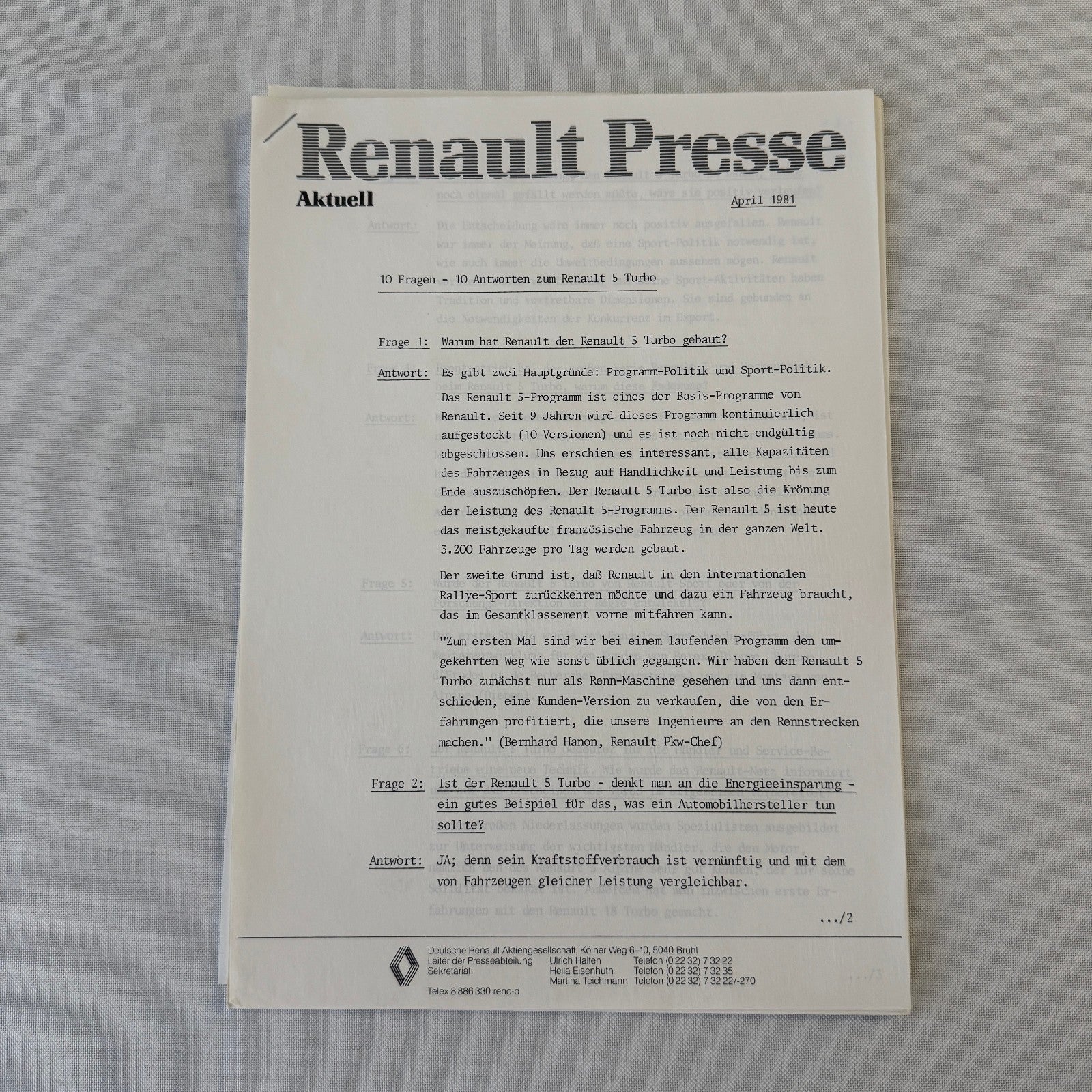 Renault 5 Turbo Car Factory Press Kit Photos Folder Hot Hatch GERMAN