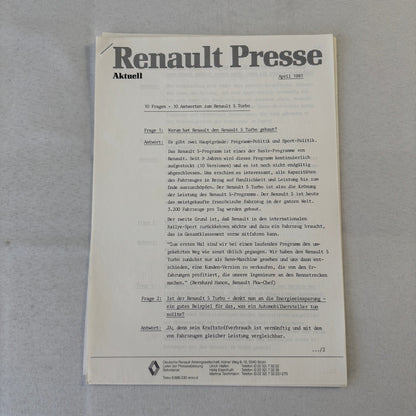 Renault 5 Turbo Car Factory Press Kit Photos Folder Hot Hatch GERMAN