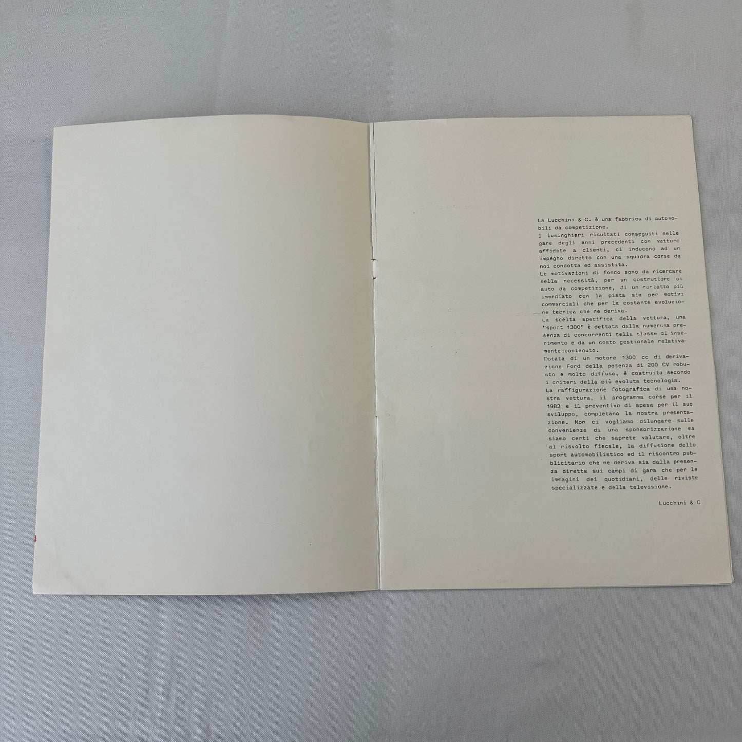 1983 Lucchini Racing Team Brochure Sport 1300 ITALIAN Text
