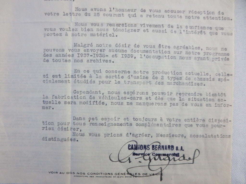 1946 Camions Bernard Truck Company Letter Letterhead Document 