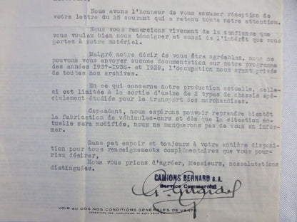 1946 Camions Bernard Truck Company Letter Letterhead Document 