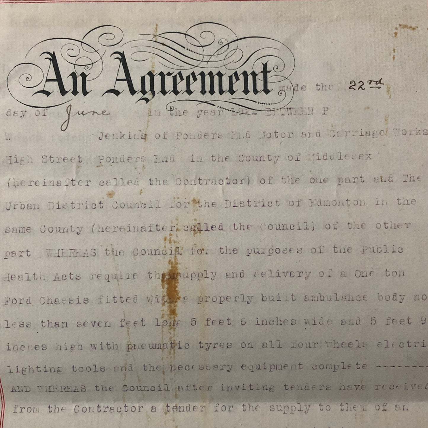 1922 Government Contract for Infectious Disease Ambulance Edmonton London UK