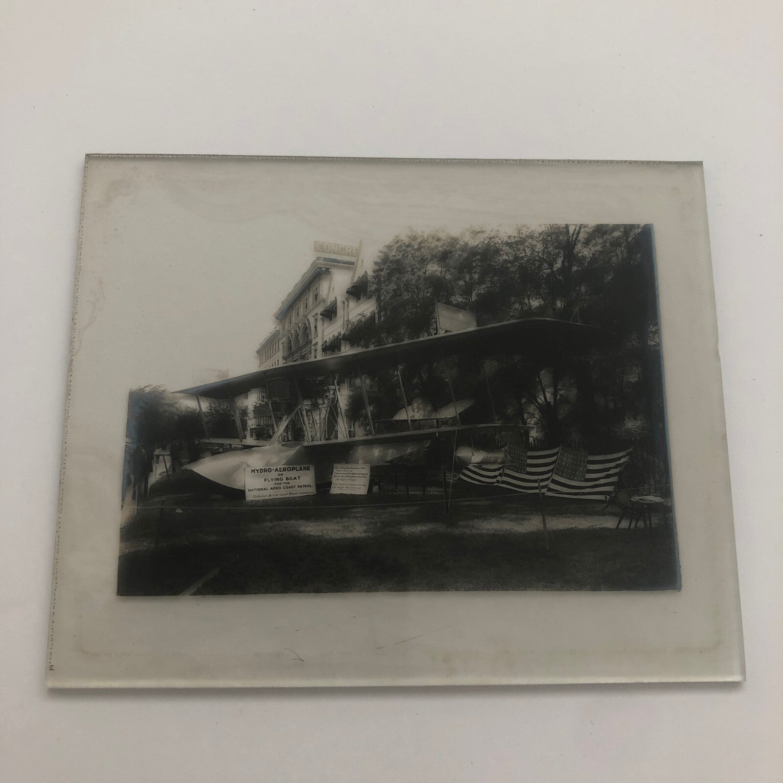 Antique Glass Plate Lantern Slide Men Flying Boat Airplane Aircraft Aviator