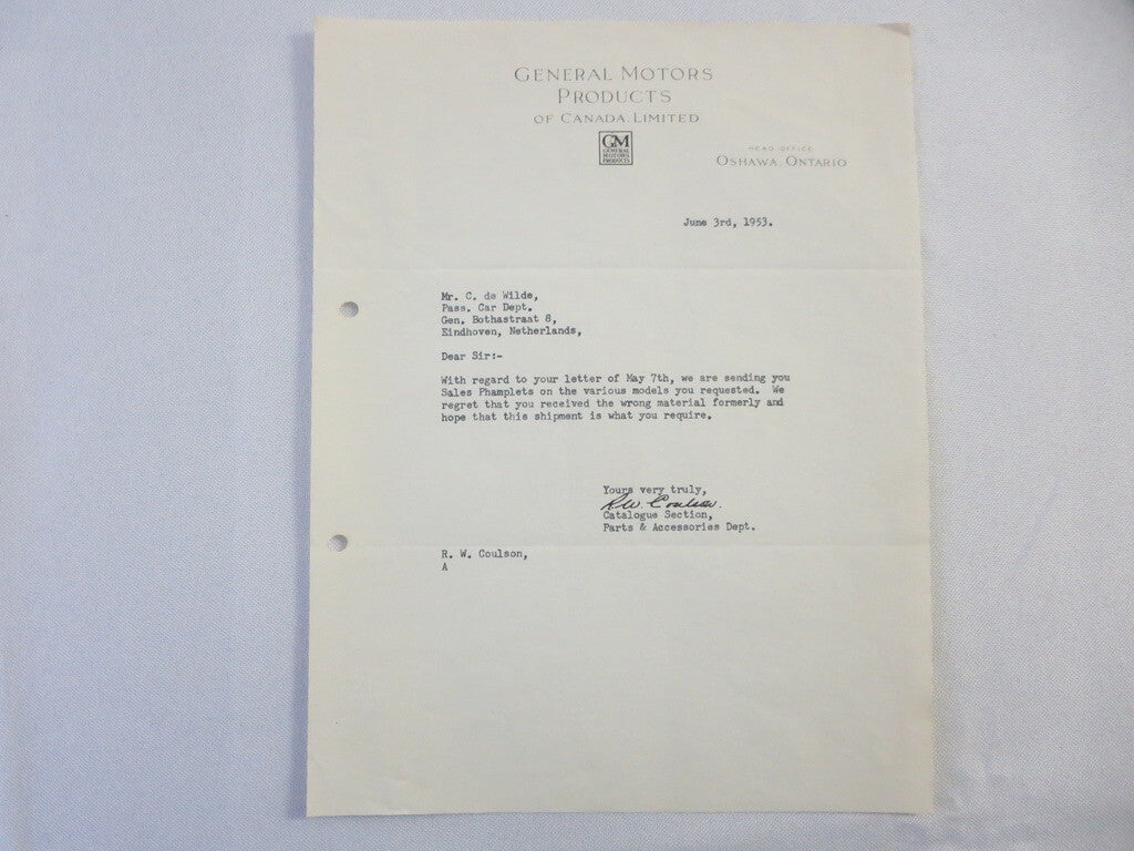 1953 General Motors of Canada Letter Letterhead GM - Chevrolet Oldsmobile +