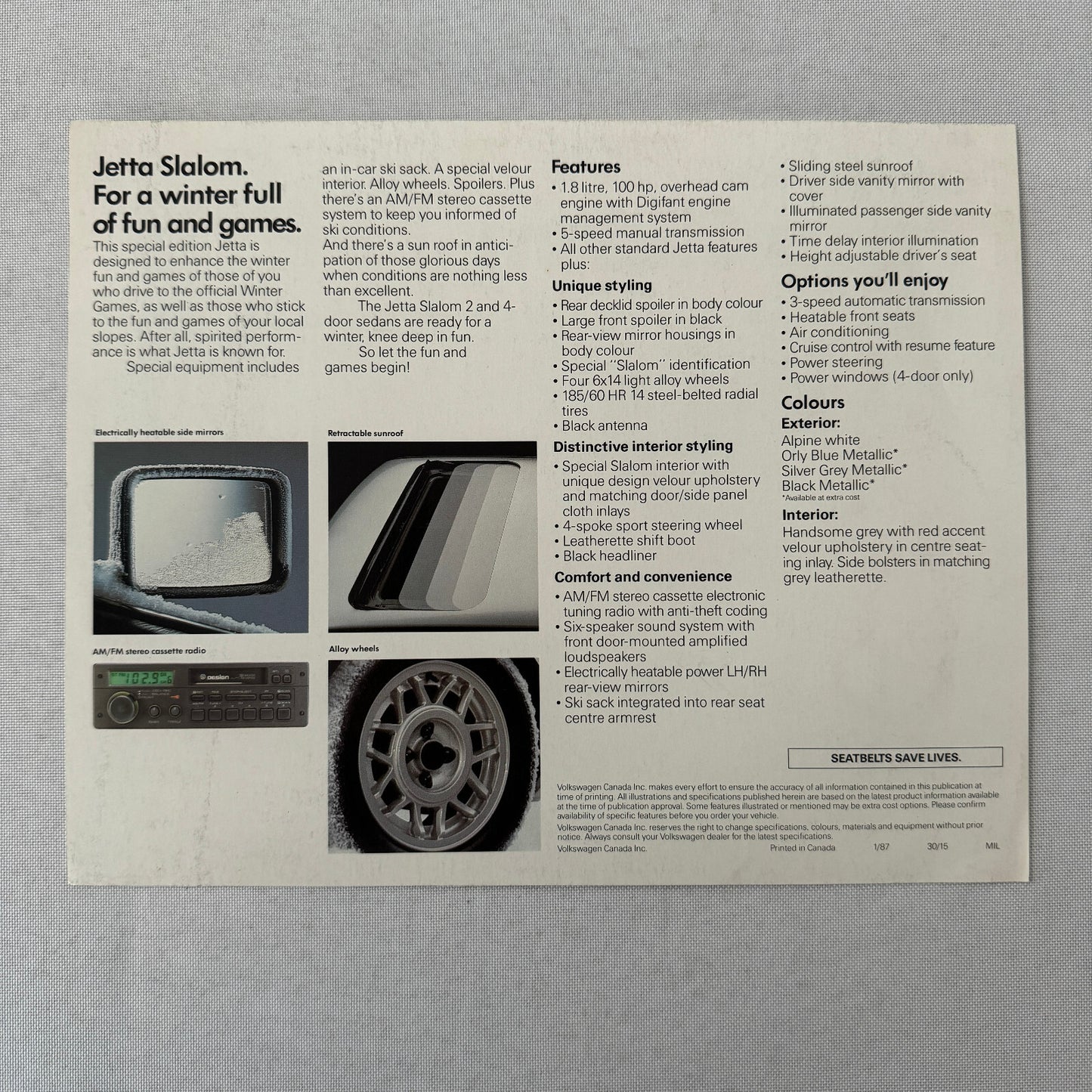 1987 Volkswagen VW Jetta Slalom Car Sales Brochure Catalog Advertising