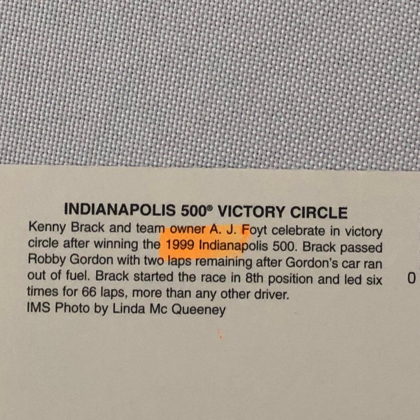 1999 Indanapolis Motor Speedway Indy 500 Racing Postcard Post Card Kenny Brack +