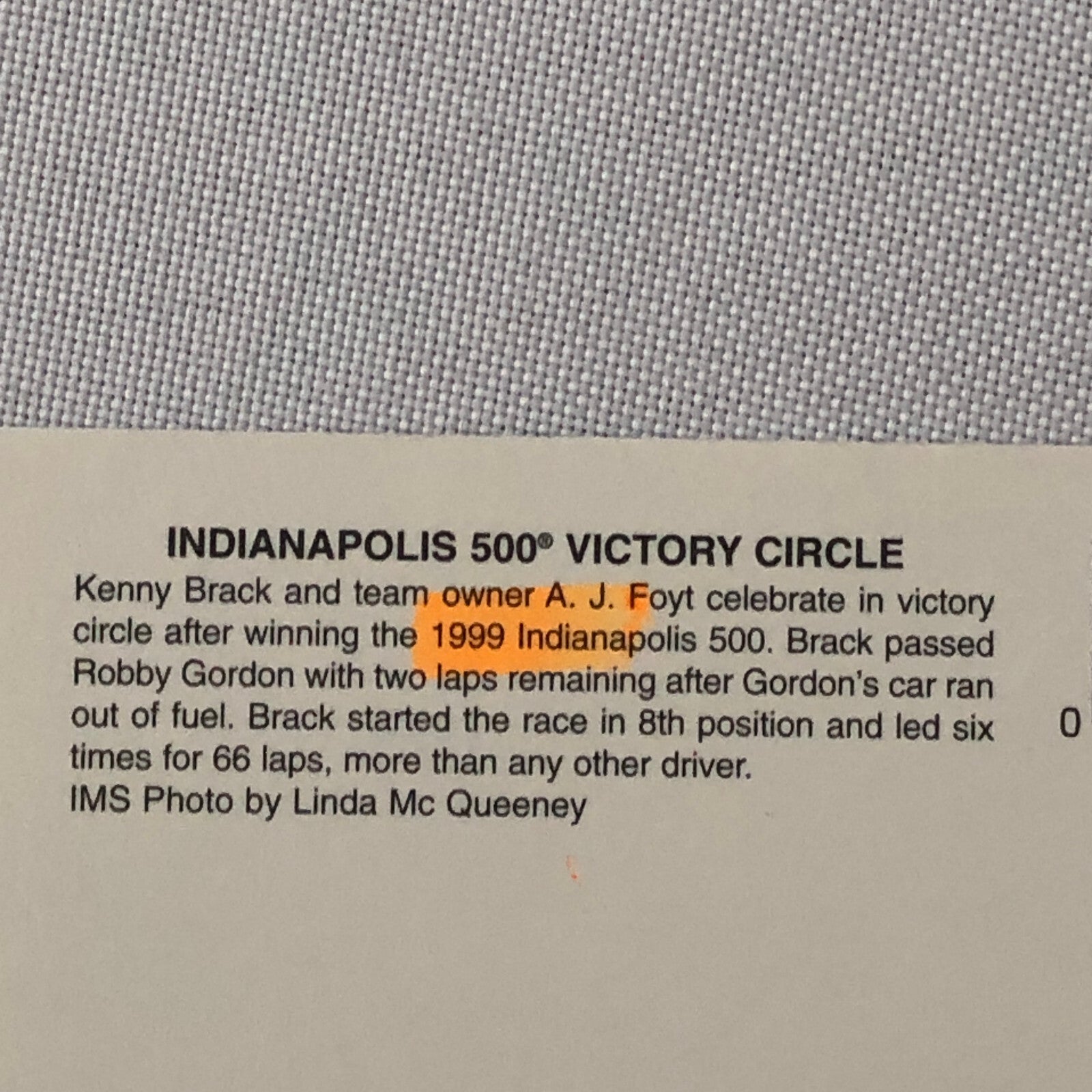 1999 Indanapolis Motor Speedway Indy 500 Racing Postcard Post Card Kenny Brack +