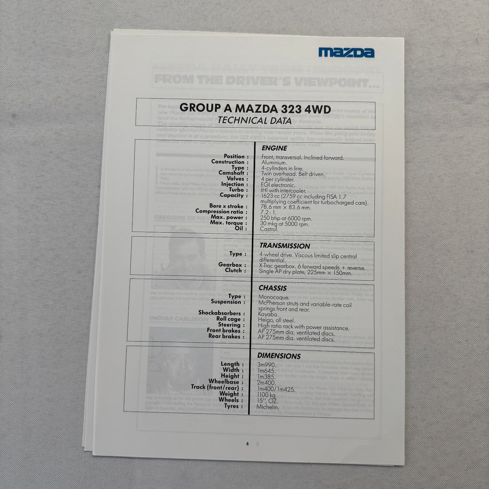 1990 Mazda Group A WRC Rally Rallye Racing Press Kit Brochure Mazda 323