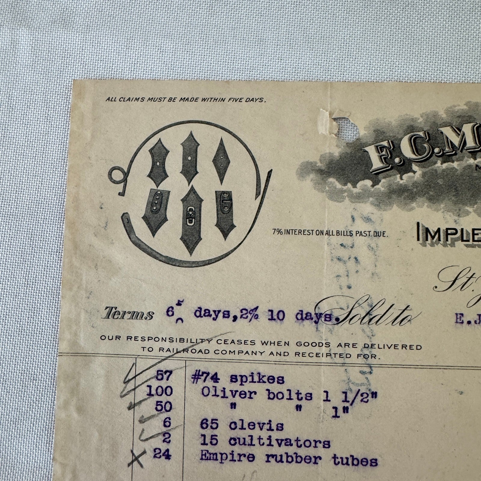 FC Mason Company M Brand Implement Invoice Receipt Document Letterhead 1908 Lot