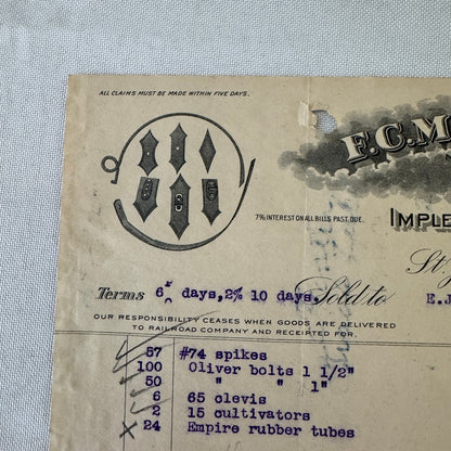 FC Mason Company M Brand Implement Invoice Receipt Document Letterhead 1908 Lot