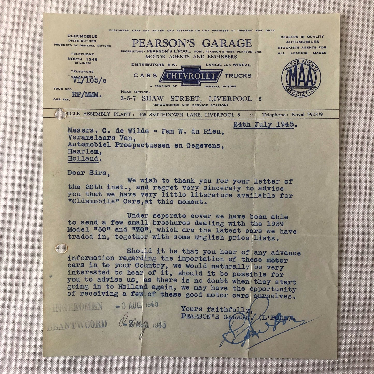 1945 Chevrolet Dealership Letter UK Garage Oldsmobile Car Truck Letterhead