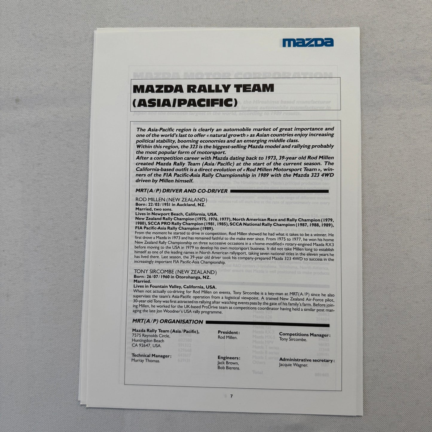 1990 Mazda Group A WRC Rally Rallye Racing Press Kit Brochure Mazda 323