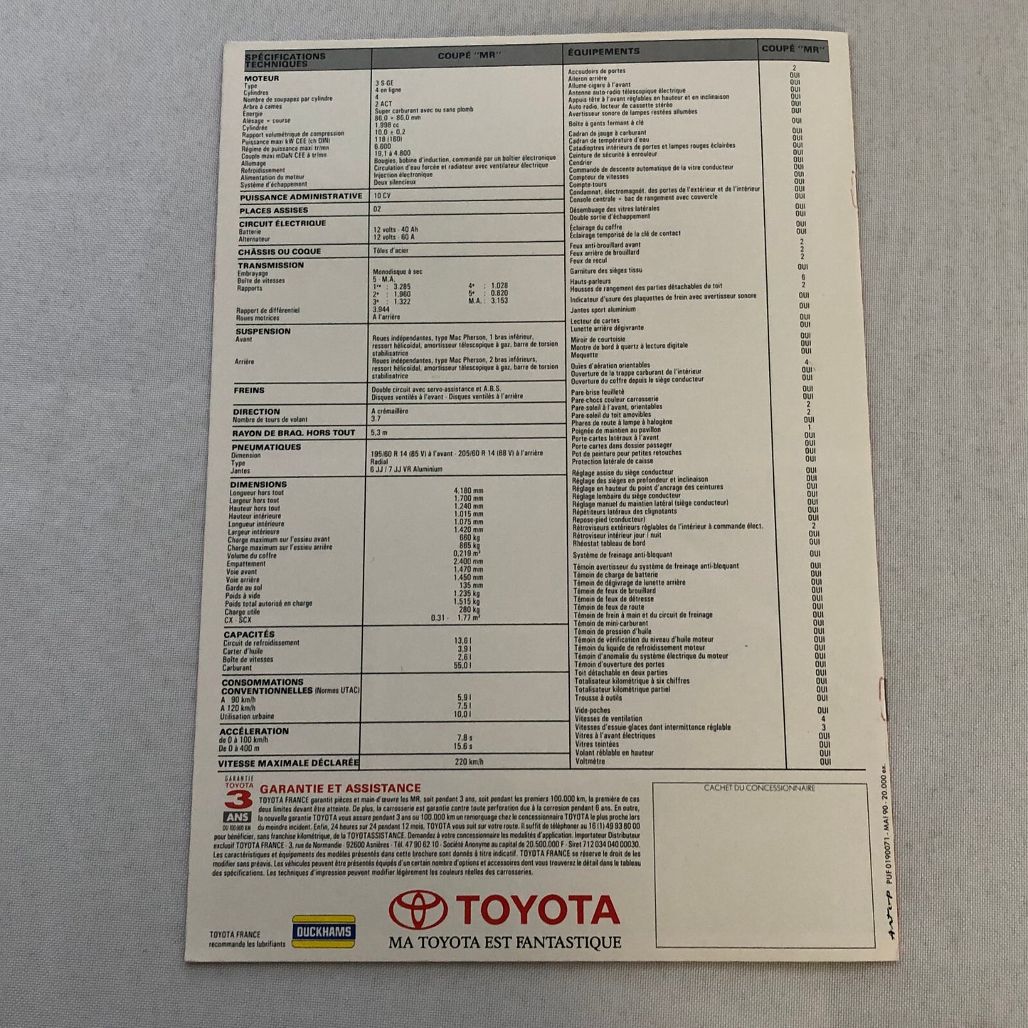 Toyota MR2 MR Coupe Car Sales Brochure Catalog FRENCH Text European Market