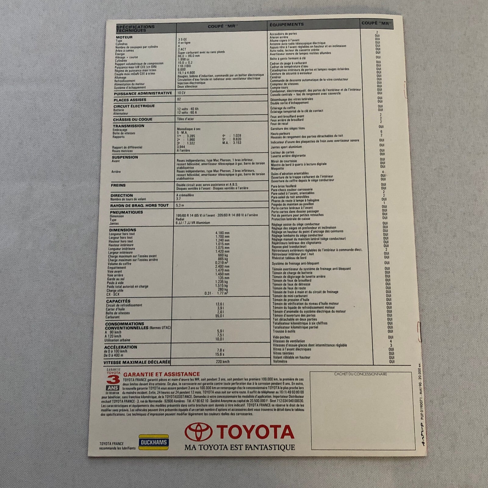 Toyota MR2 MR Coupe Car Sales Brochure Catalog FRENCH Text European Market