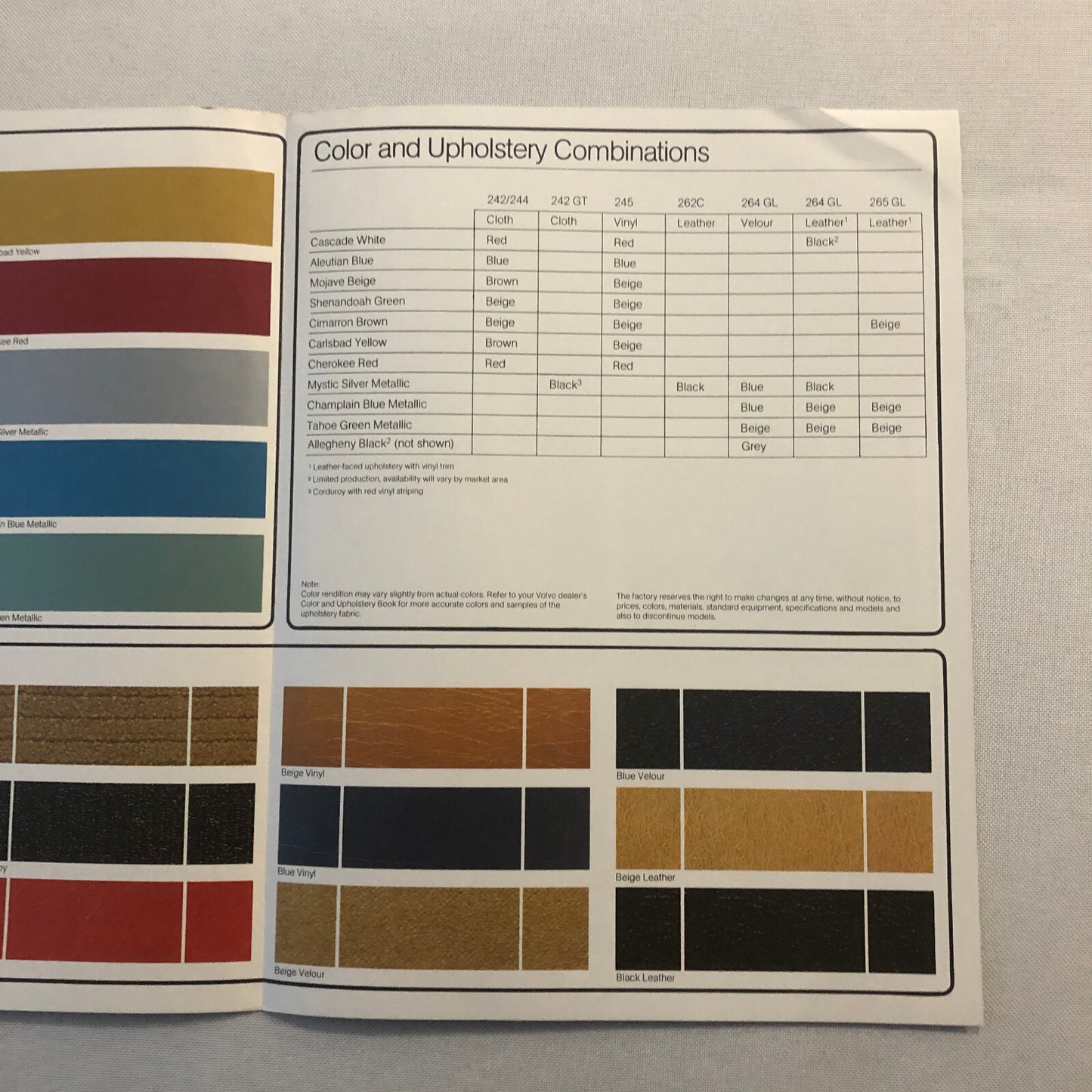 1978 Volvo Color and Upholstery Sales Brochure Catalog 242 244 245 265 264 GL