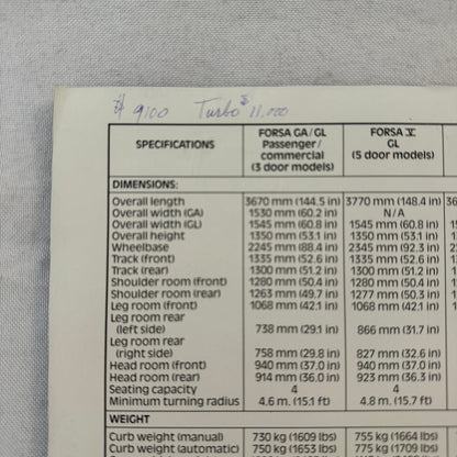 1987 Suzuki Forsa Car Sales Brochure Catalog Forsa Turbo GL GA