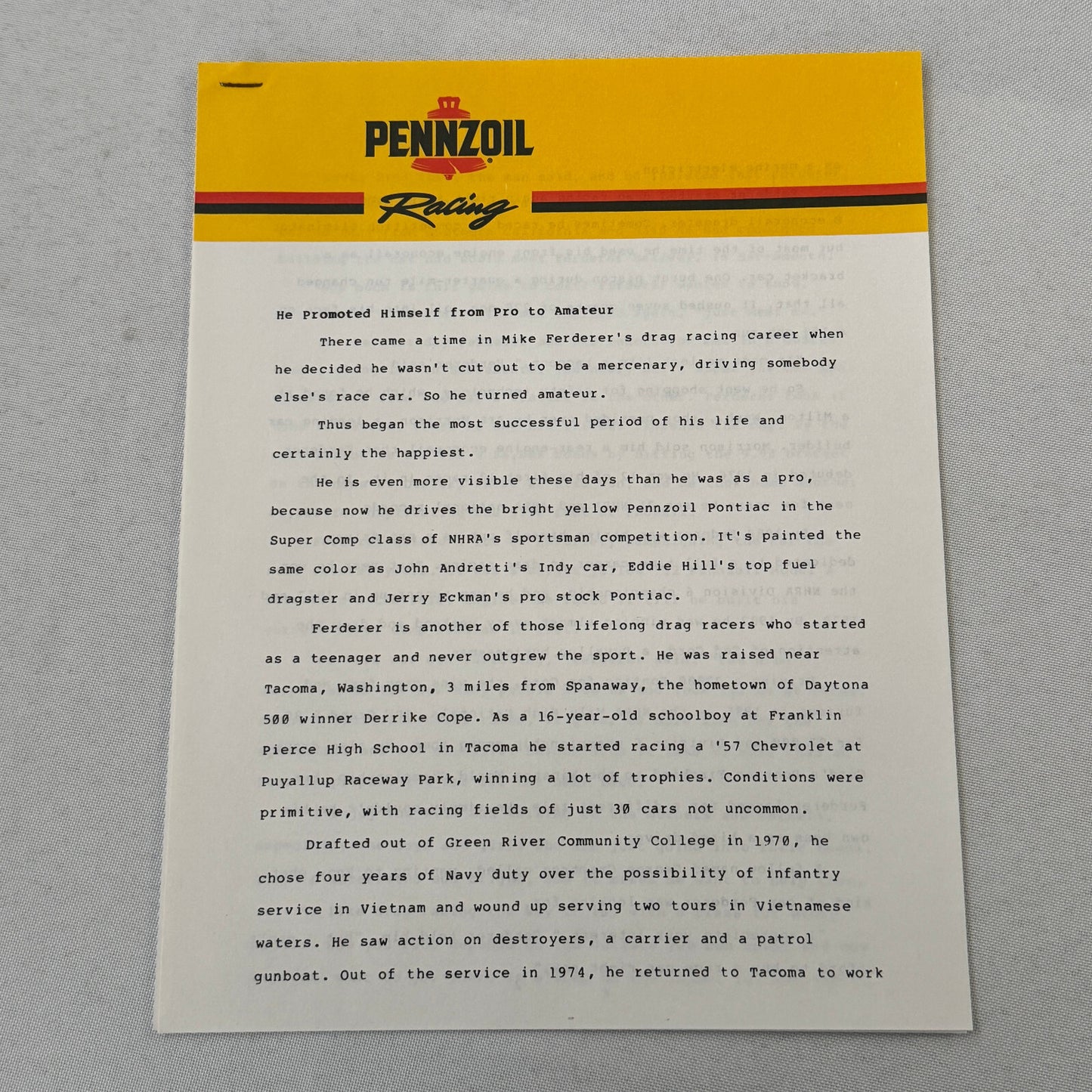 Vintage Pennzoil Racing Press Kit Top Fuel Dragster Pontiac Trans Am