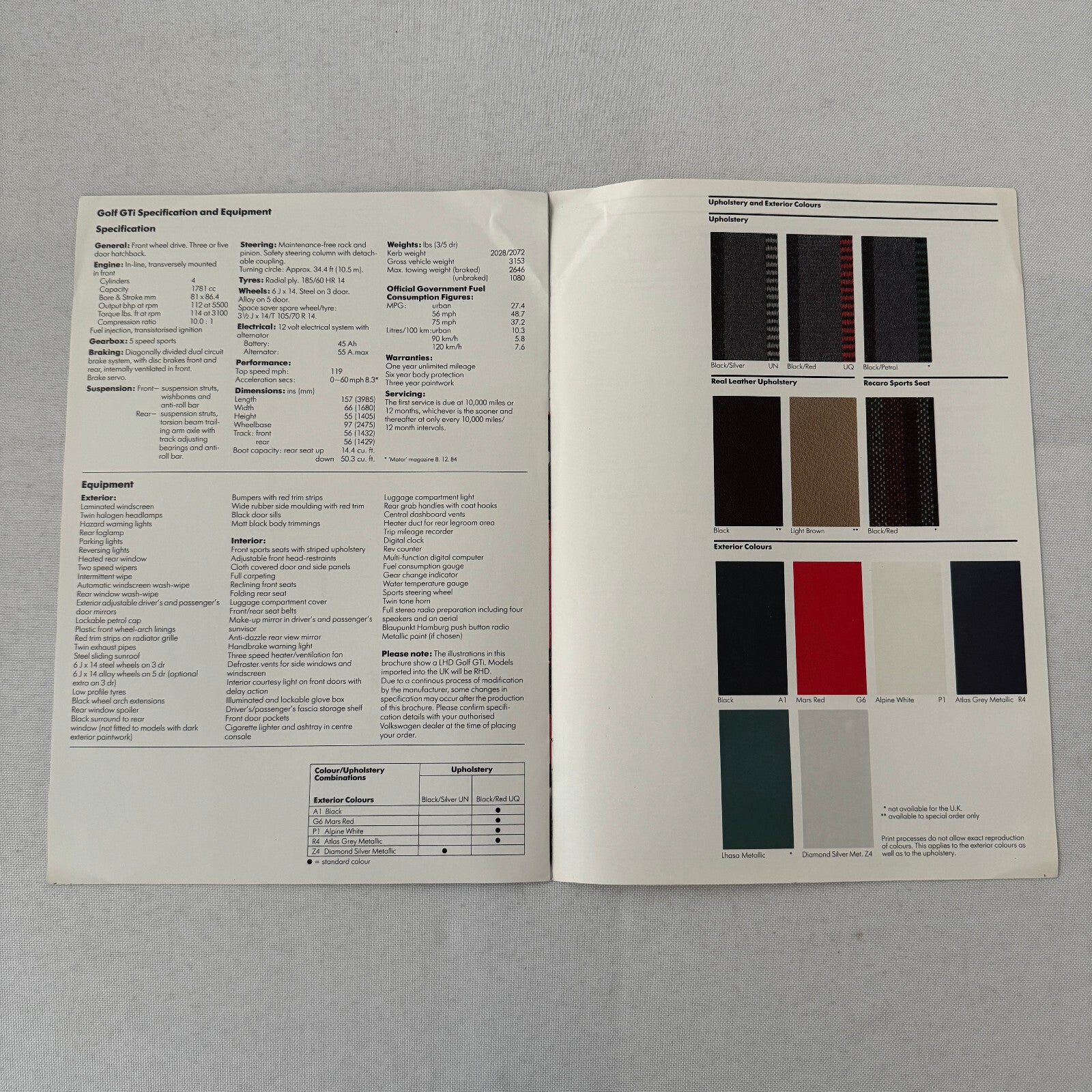 1985 Volkswagen Golf GTI Car Sales Brochure Catalog Advertising