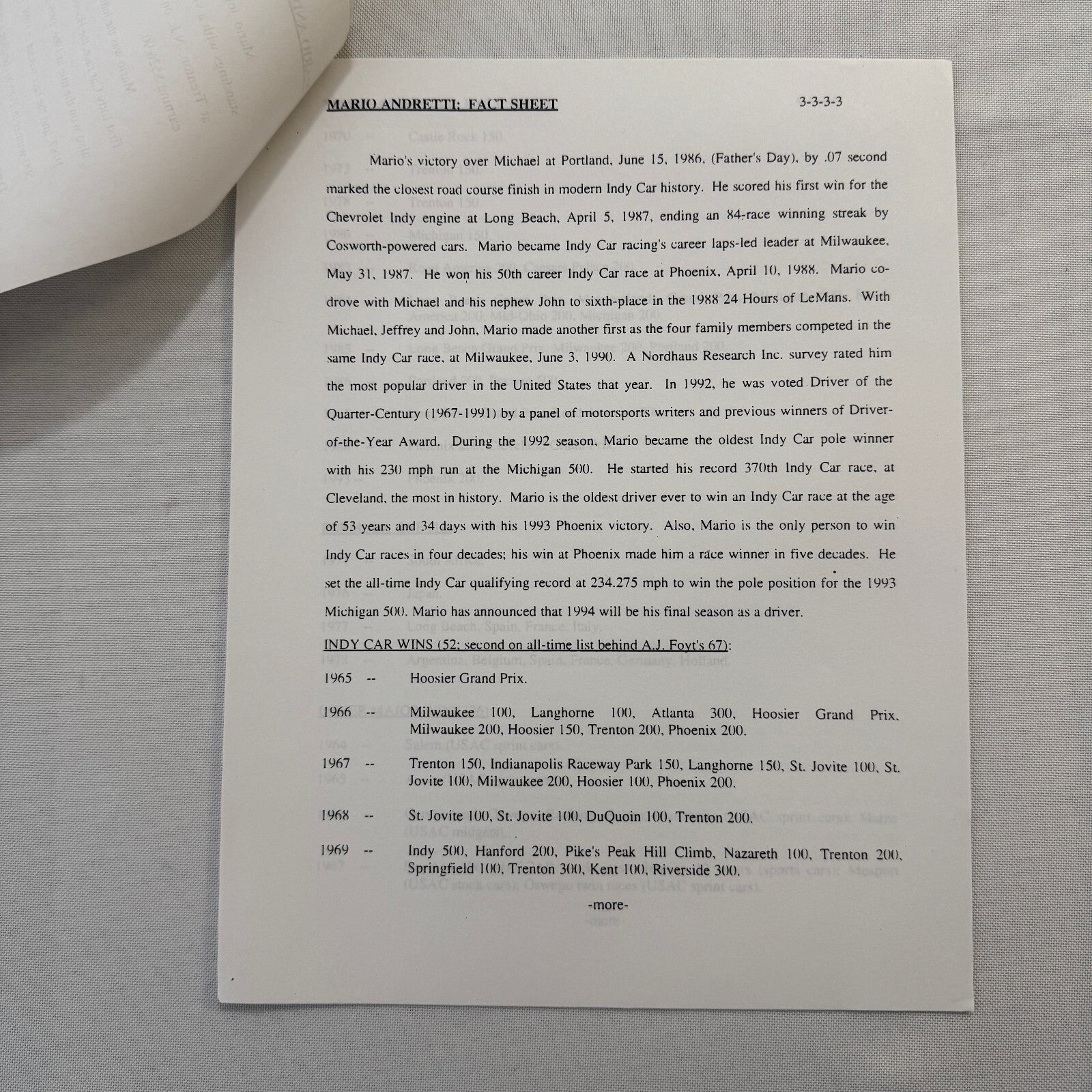 Mario Andretti 1993 PPG Indy Press Release Lot 2x KMart Texaco Havoline Racing