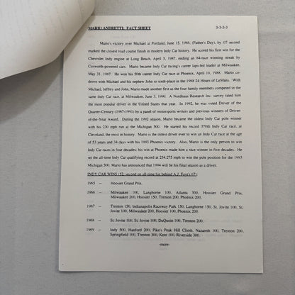 Mario Andretti 1993 PPG Indy Press Release Lot 2x KMart Texaco Havoline Racing