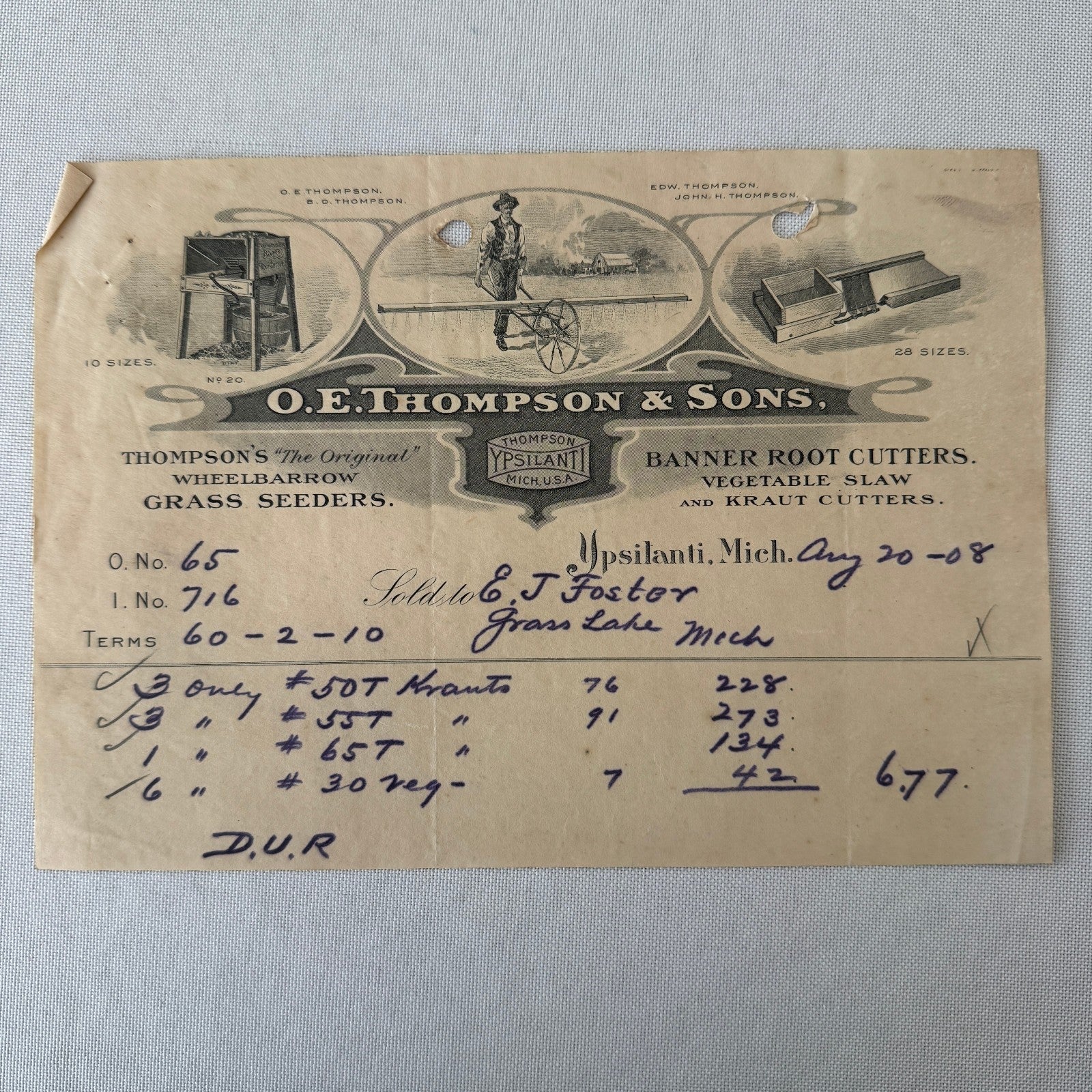 OE Thompson Receipt Letterhead Document Ypsilanti Michigan 1908 Wheelbarrow Tool