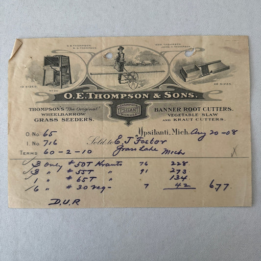 OE Thompson Receipt Letterhead Document Ypsilanti Michigan 1908 Wheelbarrow Tool