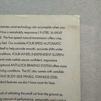 1991 Saturn Car Sales Sheet Brochure Catalog Saturn SL SL1 SL2 SC Coupe Sedan