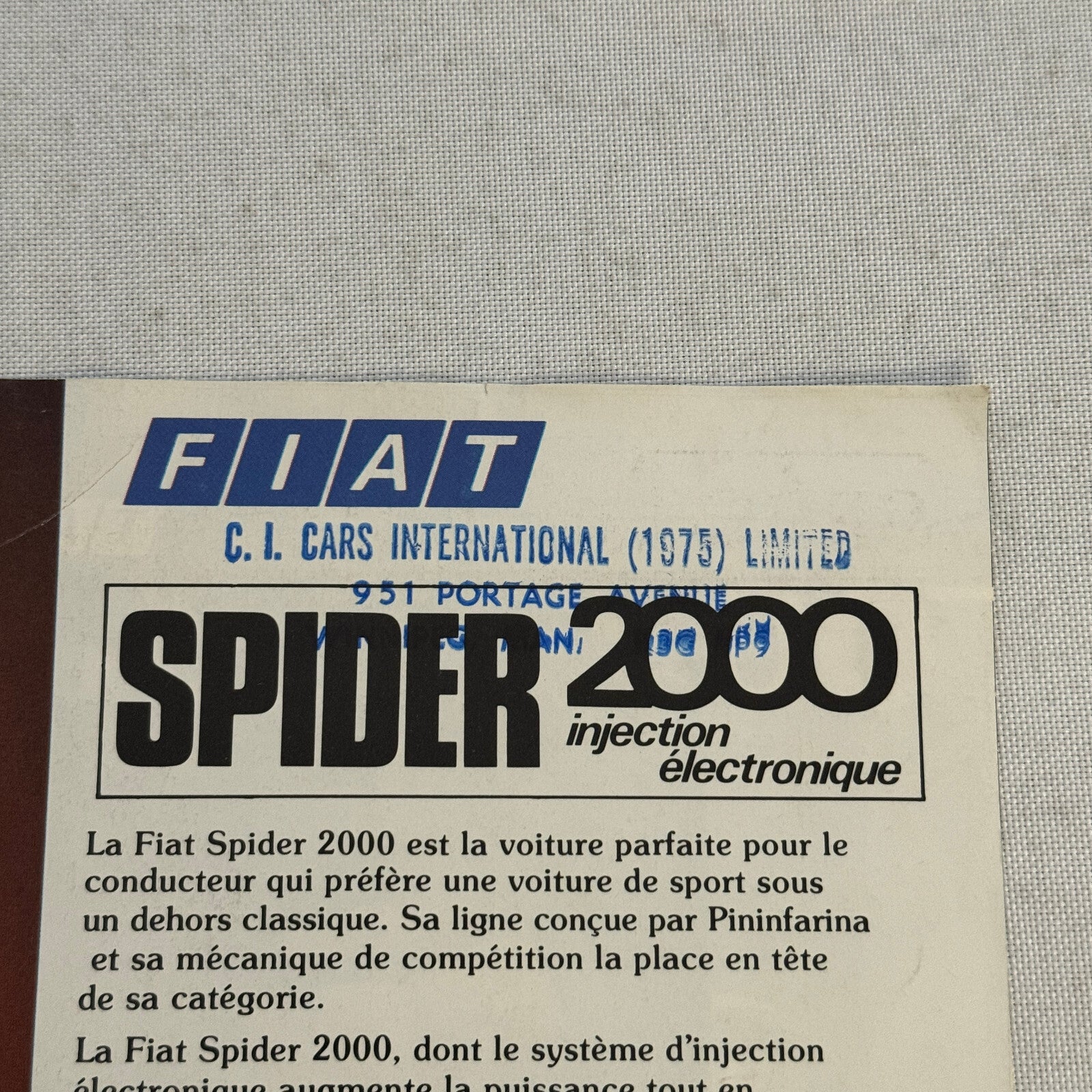 Fiat Spider 2000 Car Sales Brochure Catalog Advertising FRENCH Canadian