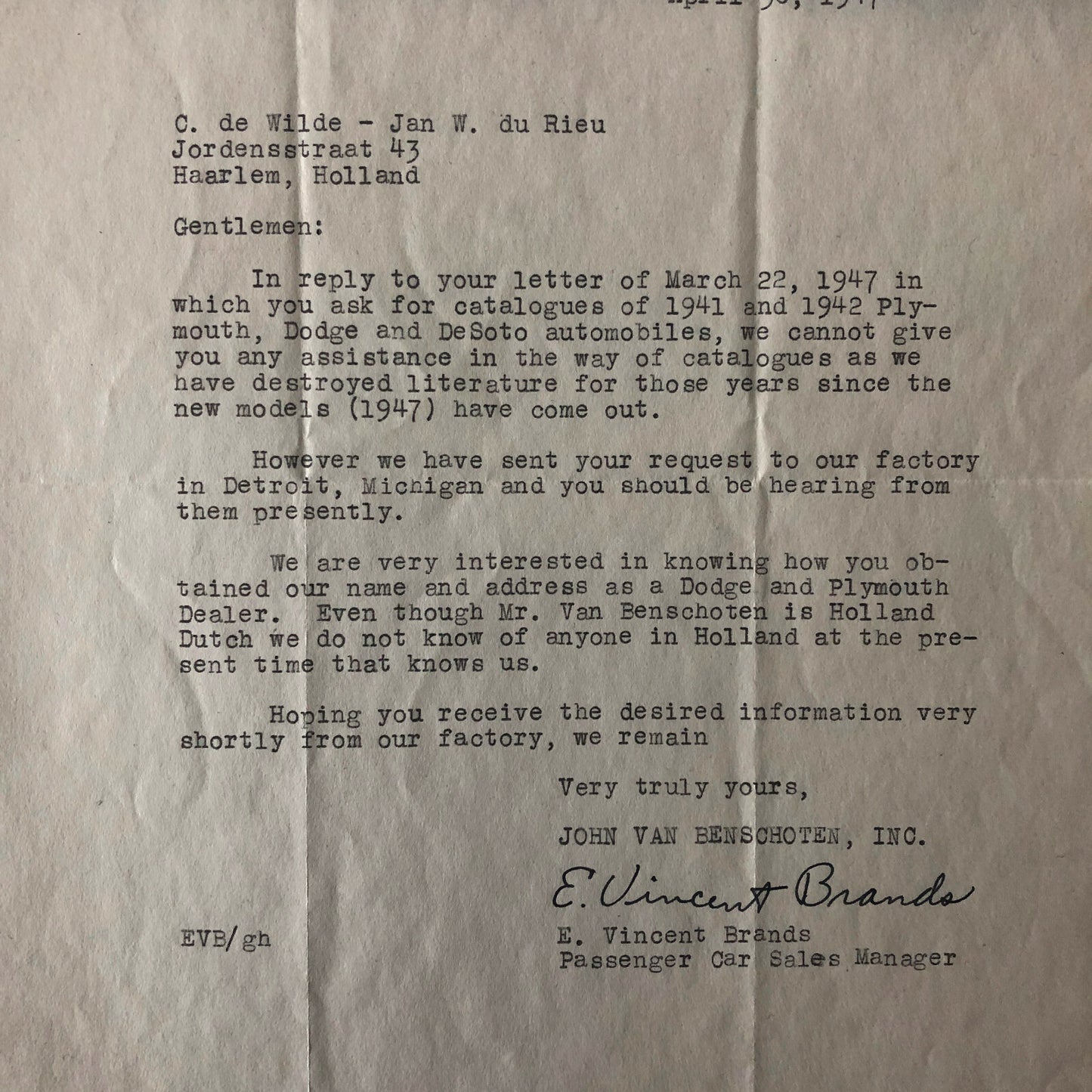 1947 Dodge & Plymouth Car Dealership Letter - Poughkeepsie New York NY Mopar