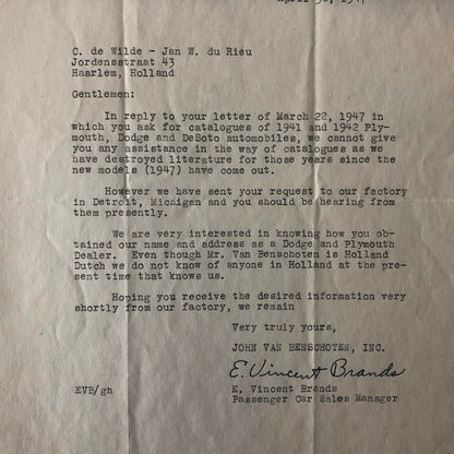 1947 Dodge & Plymouth Car Dealership Letter - Poughkeepsie New York NY Mopar
