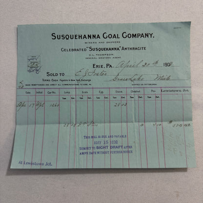 1908 Susquehanna Coal Company Invoice Receipt Document Lot 6x Erie Pennsylvania