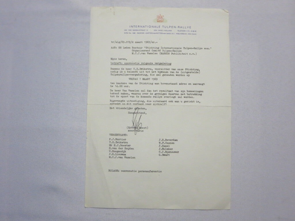 1969 RAC Tulpen Rallye Rally Racing Letter Letterhead - Dutch Rallying 