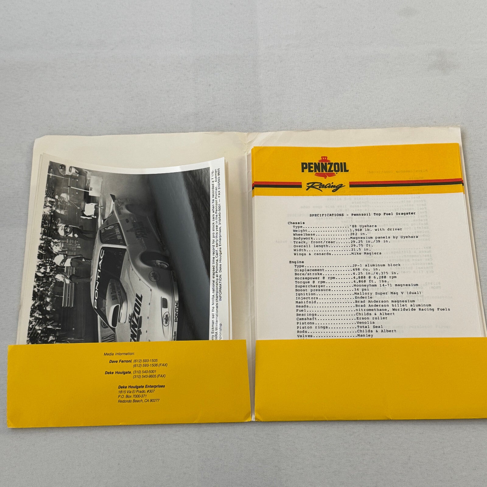 Vintage Pennzoil Racing Press Kit Top Fuel Dragster Pontiac Trans Am