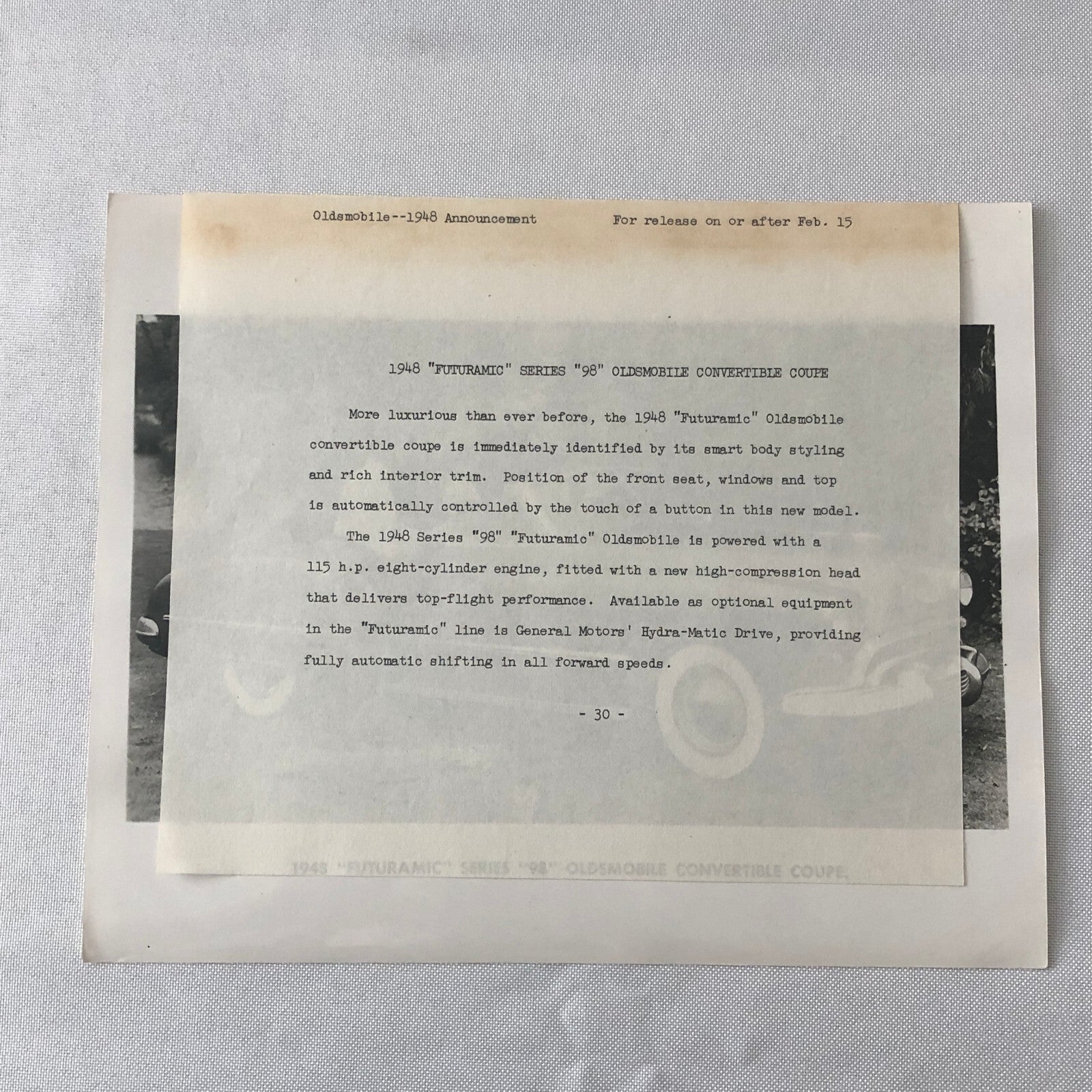 1948 Oldsmobile Series 98 Futuramic Convertible Factory Press Photo Photograph