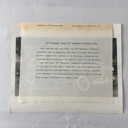 1948 Oldsmobile Series 98 Futuramic Convertible Factory Press Photo Photograph