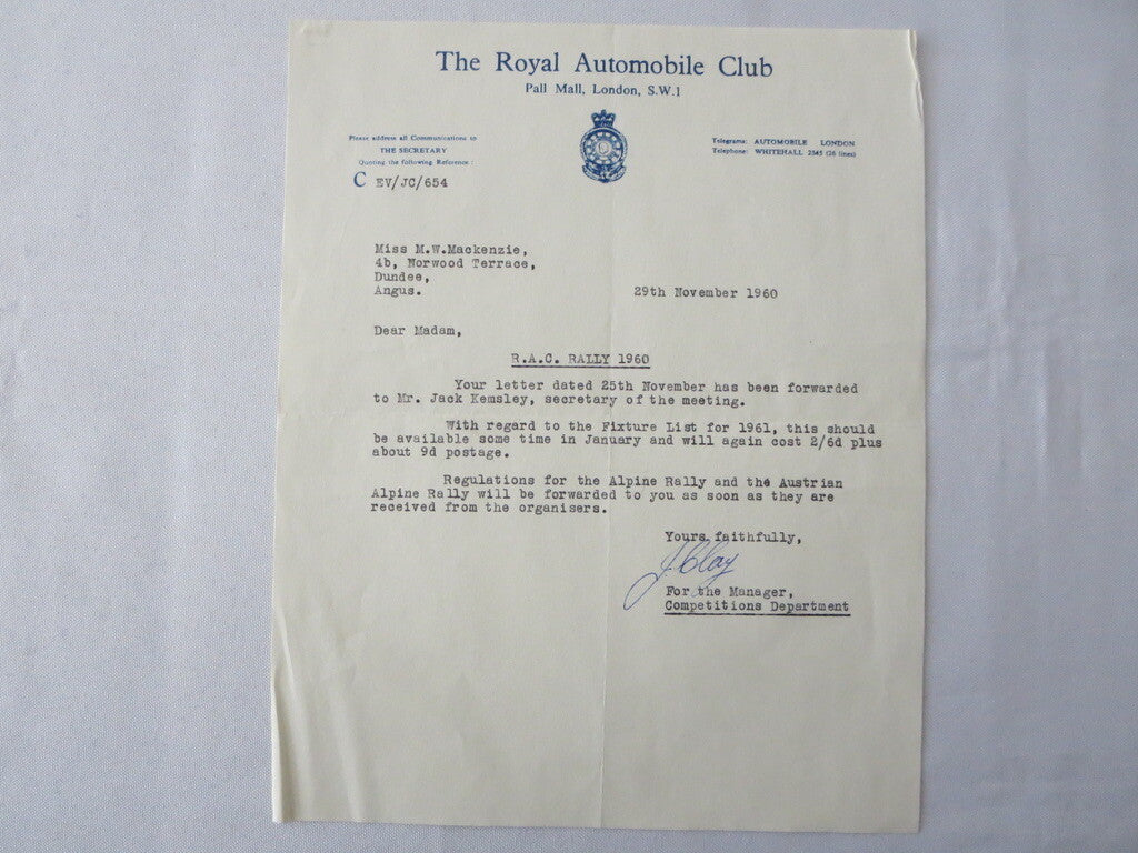 1960 Royal Automobile Club London Letter Letterhead
