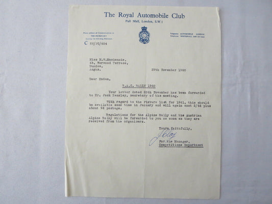 1960 Royal Automobile Club London Letter Letterhead