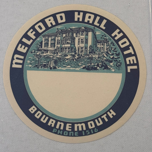 Vintage Hotel Travel Label Melford Hall Hotel Bournemouth England UK British